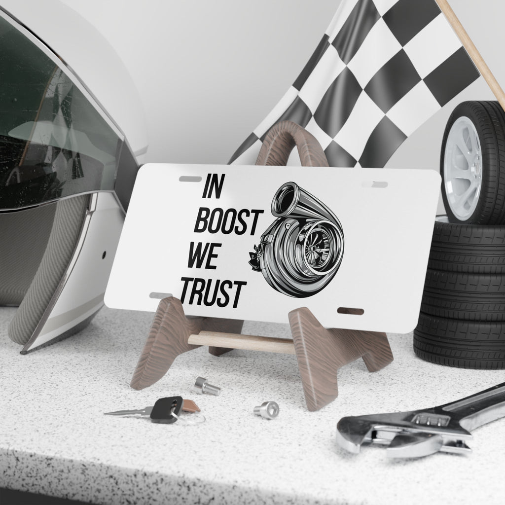 In Boost We Trust Metal Vanity Plate — Turbocharger License Plate - Revolution Society
