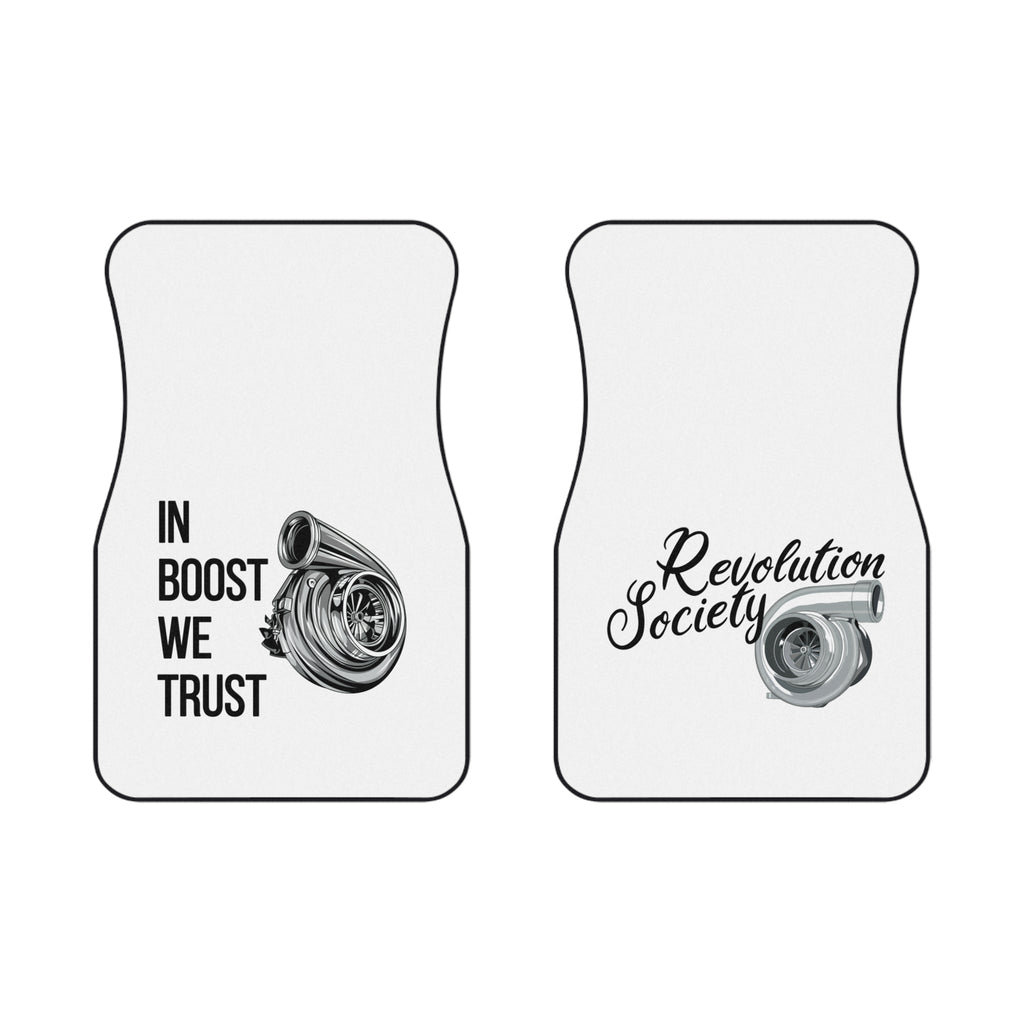 Revolution Society 2x Car Mats "In Boost We Trust" Turbo Logo Front Floor Mats - Revolution Society