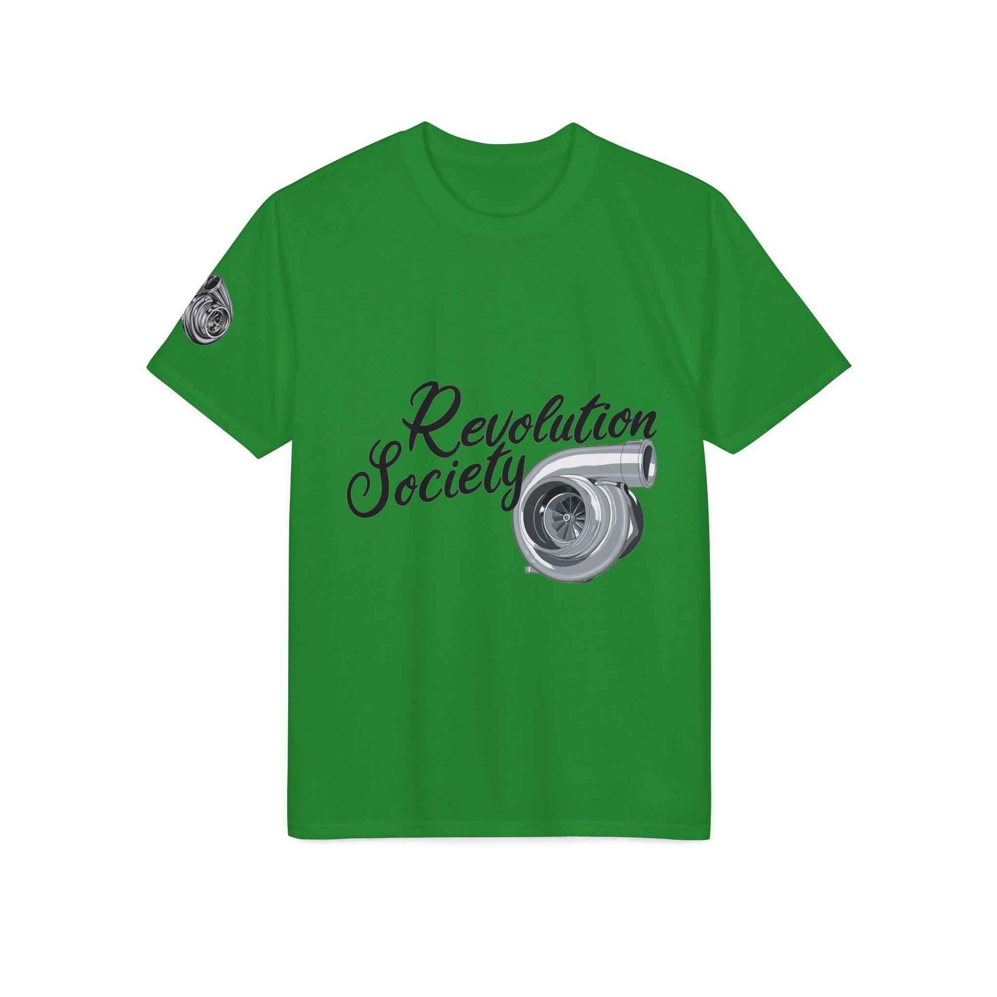 Revolution Society Athletic T‑Shirt — With Logo & Turbocharger Graphic Right Sleeve