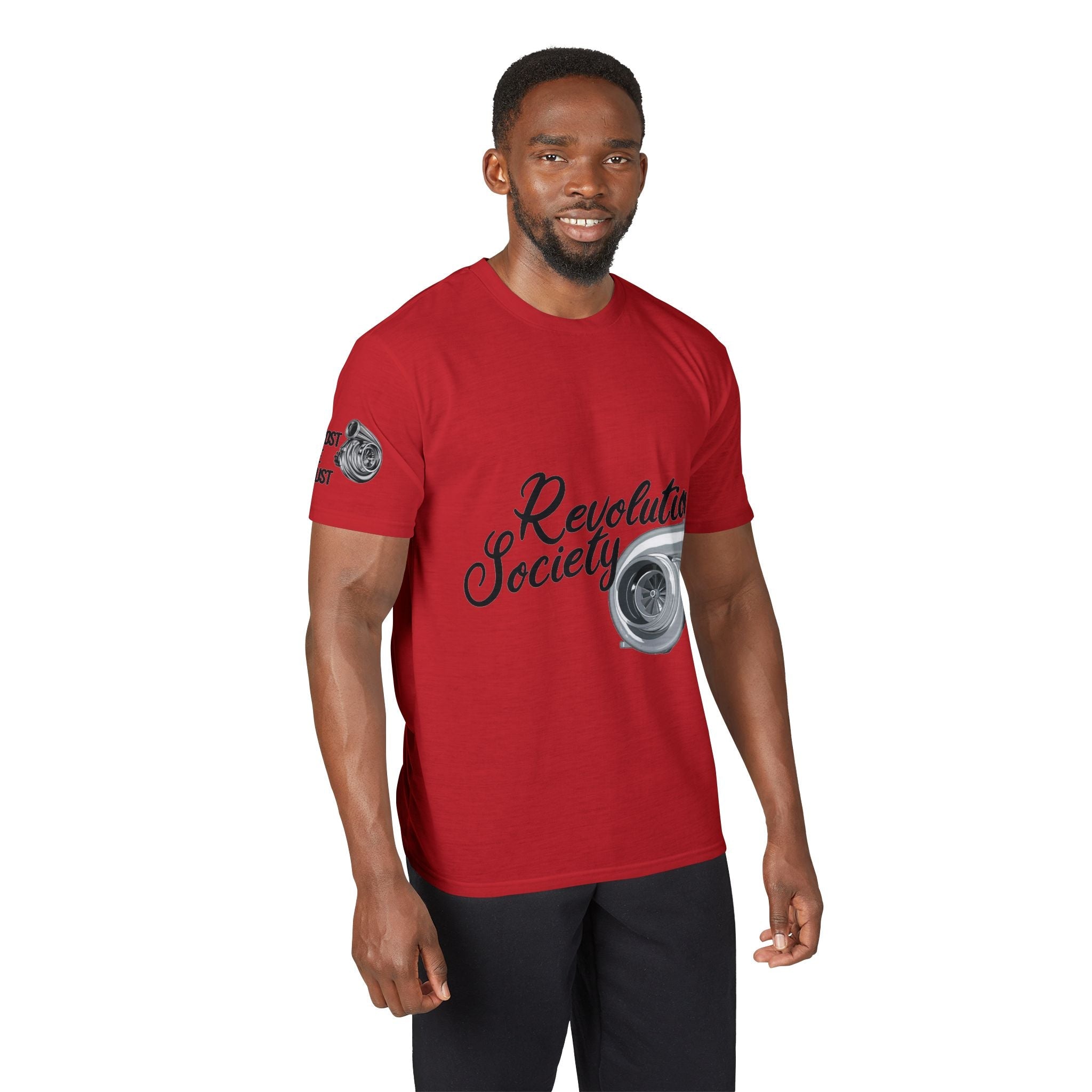Revolution Society Athletic T‑Shirt — With Logo & Turbocharger Graphic Right Sleeve - Revolution Society