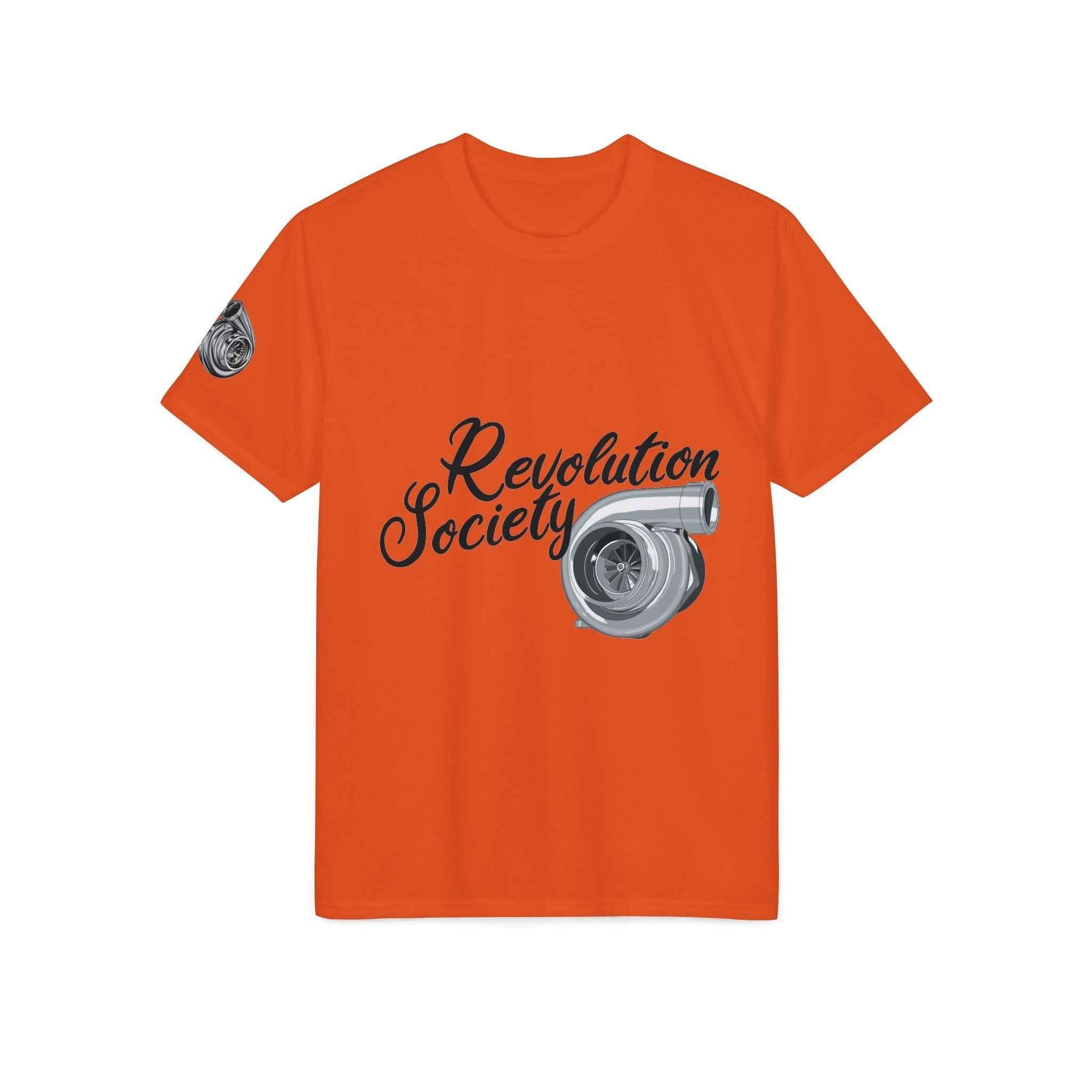 Revolution Society Athletic T‑Shirt — With Logo & Turbocharger Graphic Right Sleeve