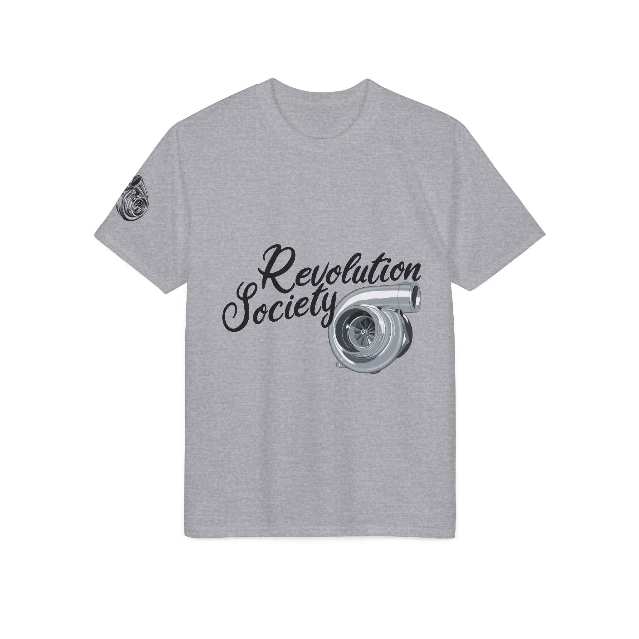 Revolution Society Athletic T‑Shirt — With Logo & Turbocharger Graphic Right Sleeve