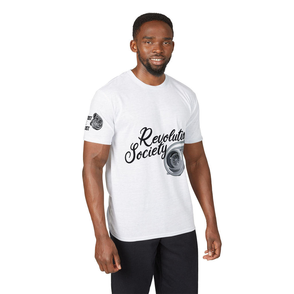 Revolution Society Athletic T‑Shirt — With Logo & Turbocharger Graphic Right Sleeve - Revolution Society