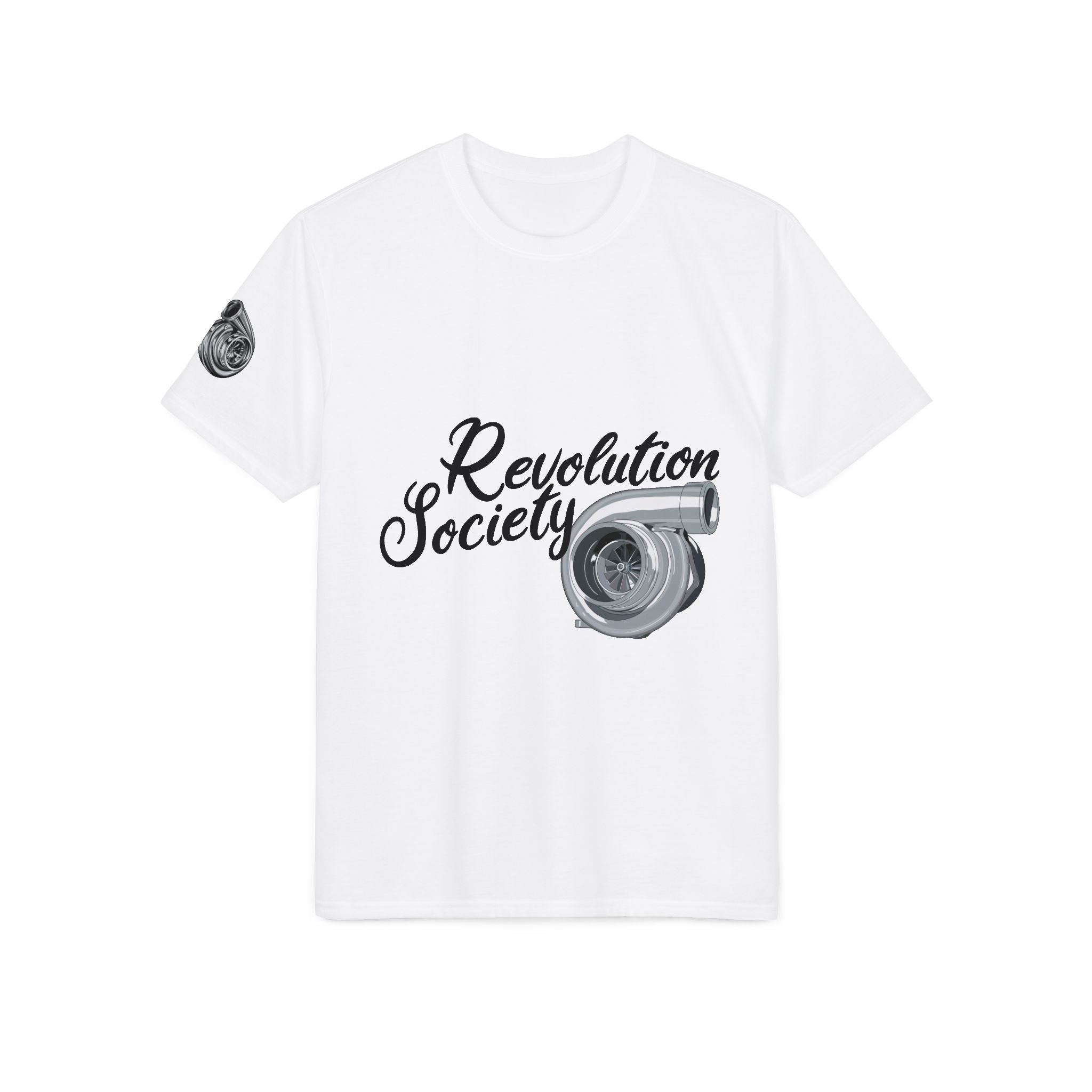 Revolution Society Athletic T‑Shirt — With Logo & Turbocharger Graphic Right Sleeve - Revolution Society