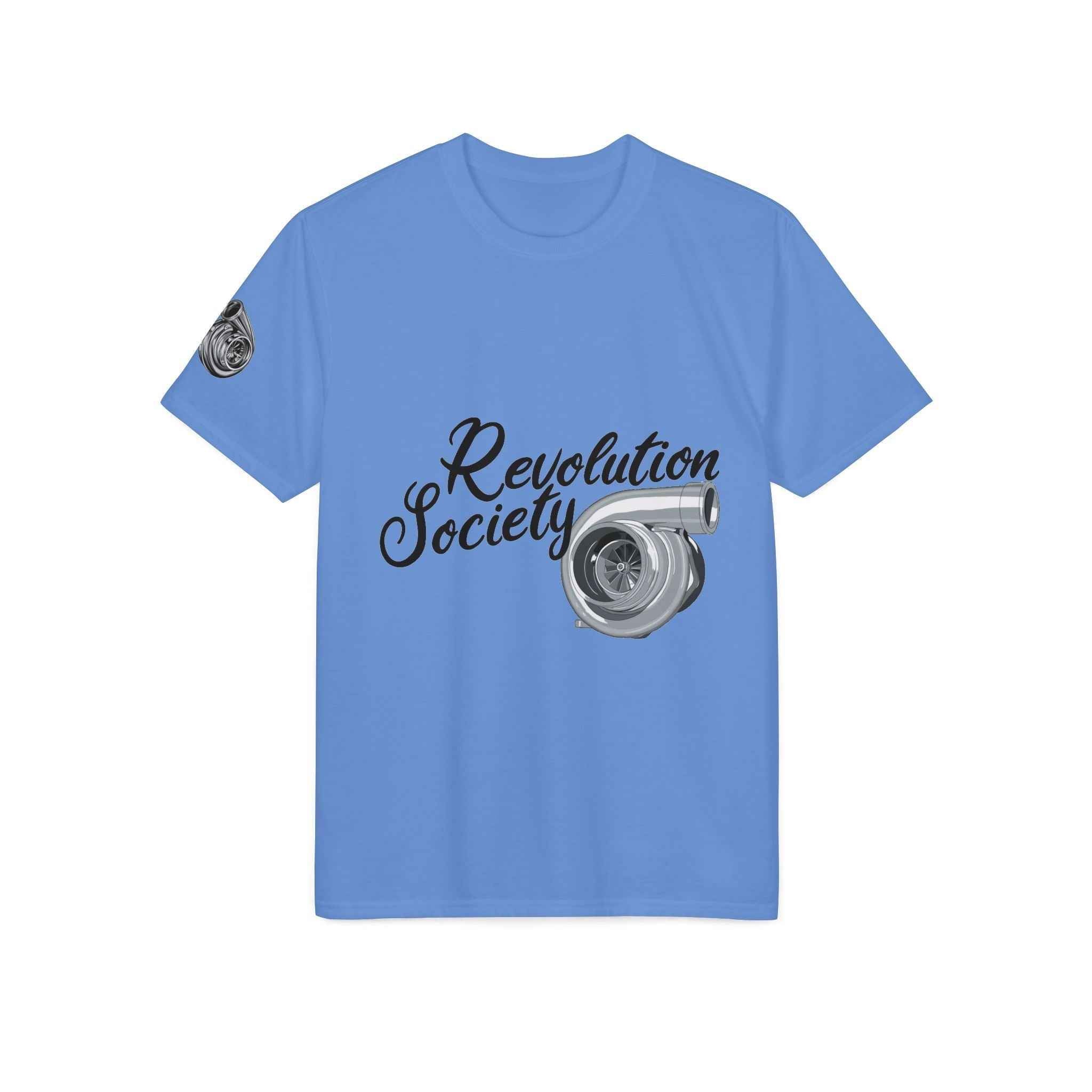 Revolution Society Athletic T‑Shirt — With Logo & Turbocharger Graphic Right Sleeve