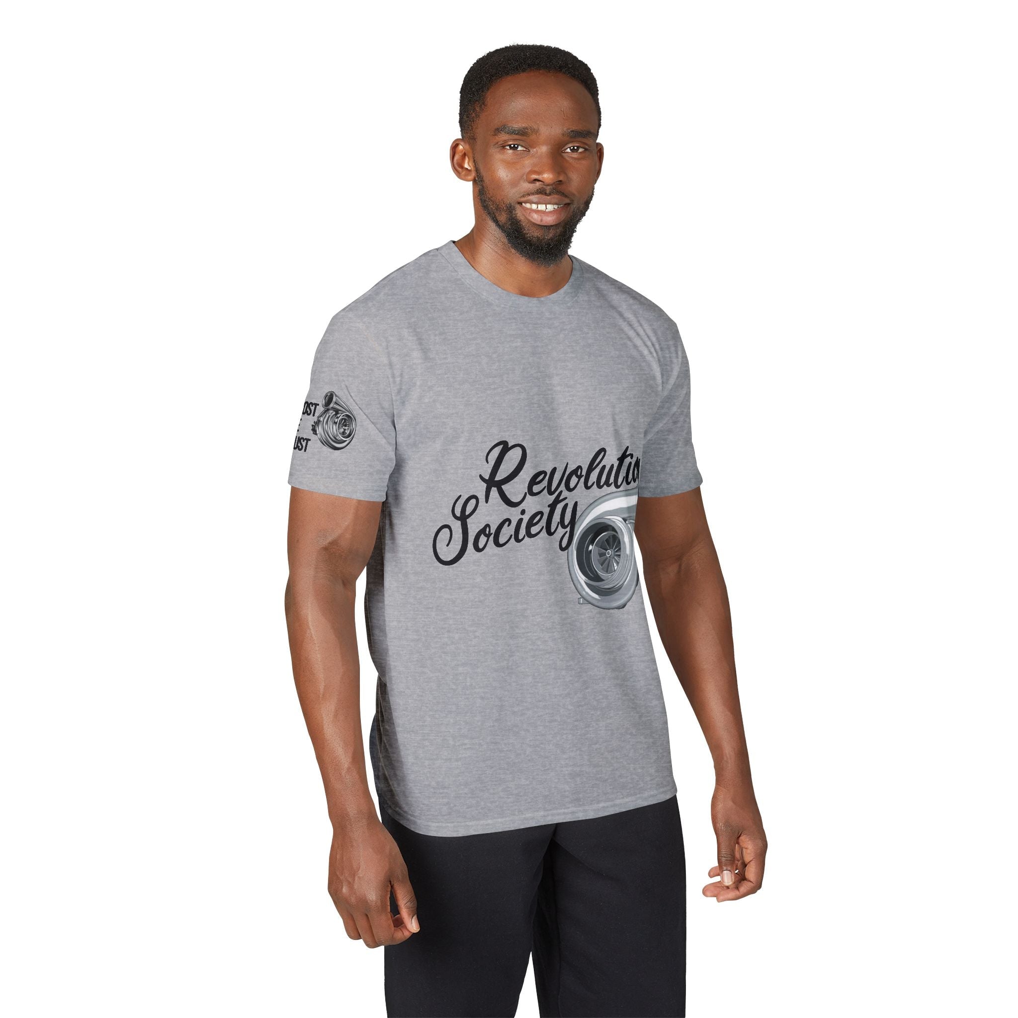 Revolution Society Athletic T‑Shirt — With Logo & Turbocharger Graphic Right Sleeve - Revolution Society